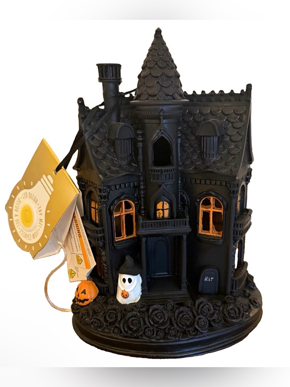 Black Haunted House LED Halloween Figurine with Orange Window Glow 9” NWT
